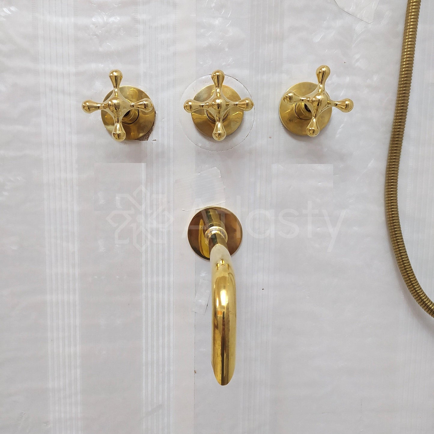 Antique Brass Shower System with Round Shower Head, Bath Faucet, Handheld Shower, and 3 Handles - Ref: ATLASS15