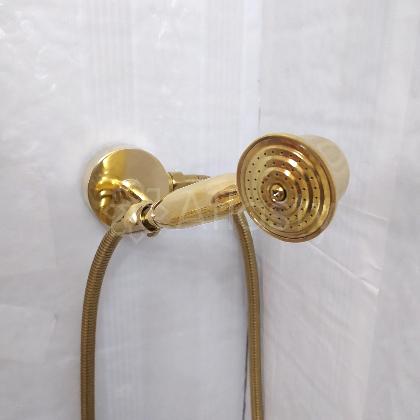Antique Brass Shower System with Round Shower Head, Bath Faucet, Handheld Shower, and 3 Handles - Ref: ATLASS15