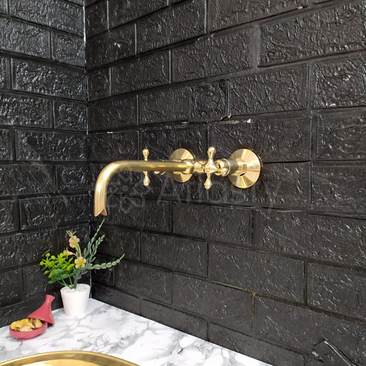 Unlacquered Brass Wall Mounted Bathroom Vessel Sink Faucet With Cross Handles