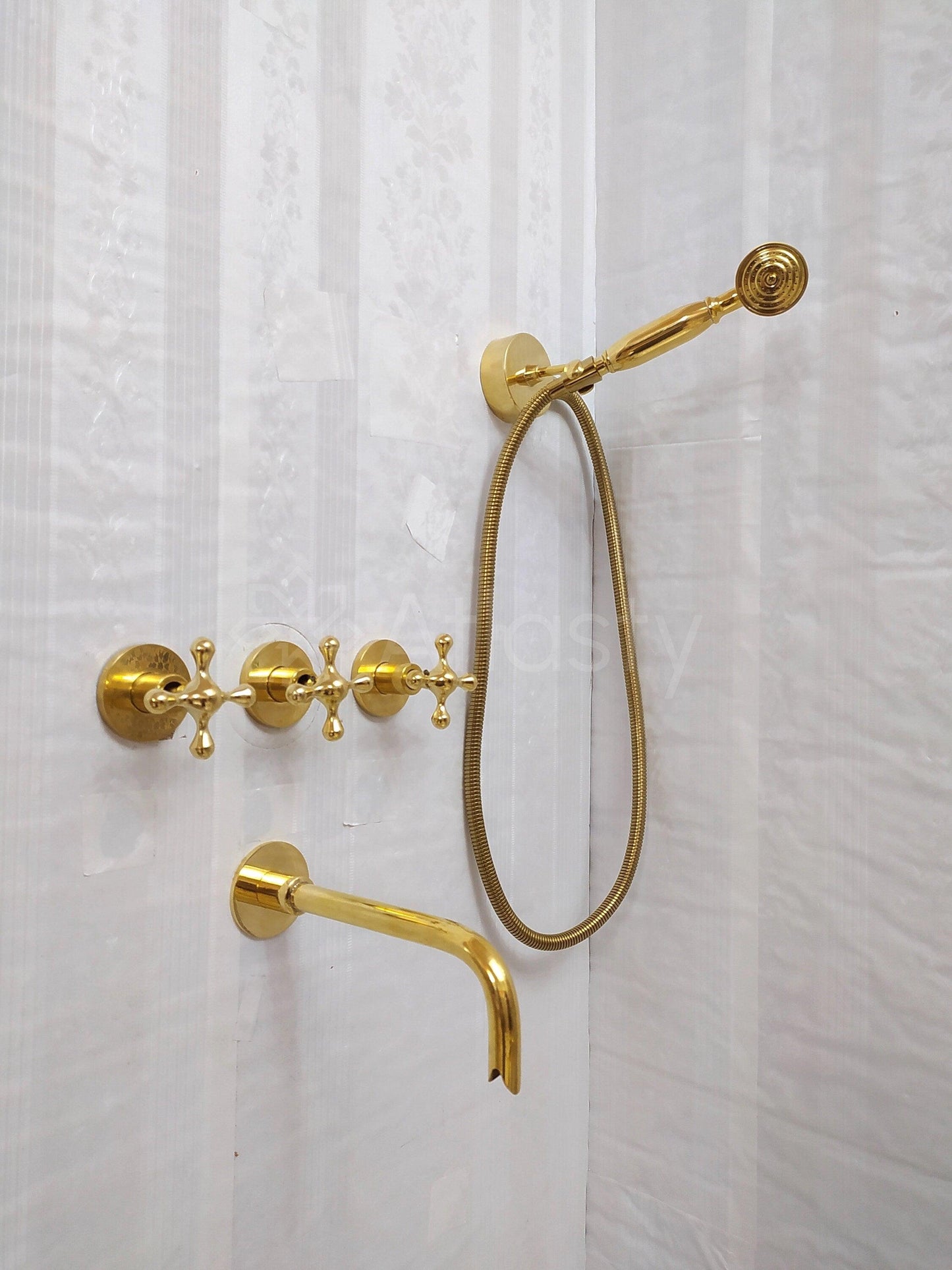 Antique Brass Shower System with Bath Faucet, Handheld Shower, and 3 Handles - Ref: ATLASS23