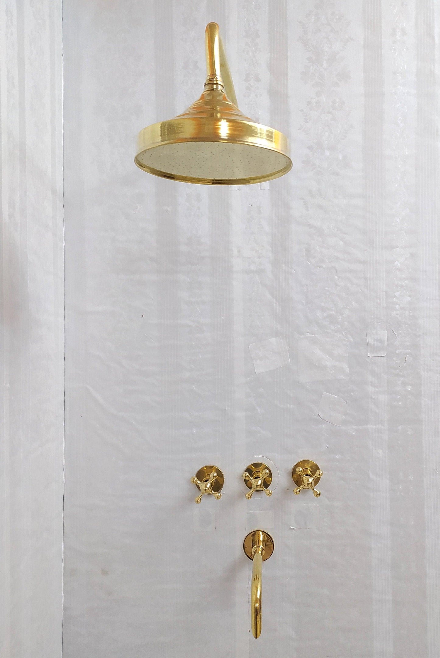 Antique Brass Shower System with Round Shower Head, Bath Faucet, and 3 Handles - Ref: ATLASS17