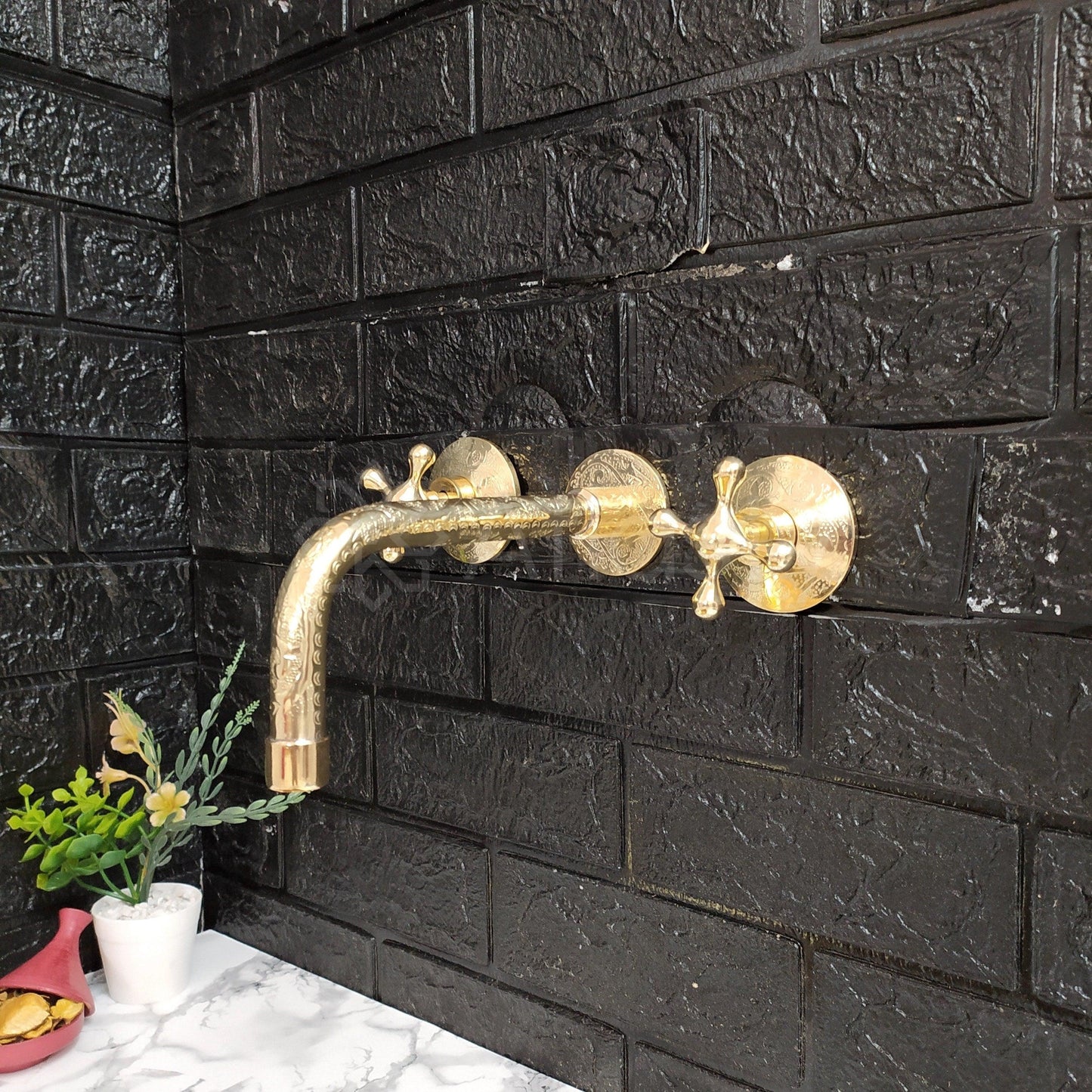 Engraved Unlacquered Brass Wall Mounted Bathroom Faucet - Vessel Sink Faucet with Cross or Lever Handles