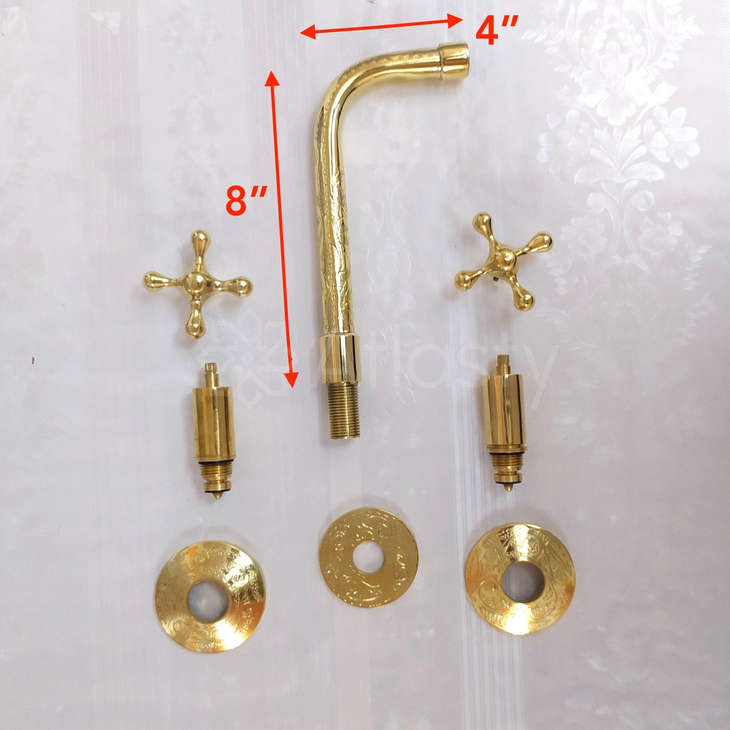 Engraved Unlacquered Brass Wall Mounted Bathroom Faucet - Vessel Sink Faucet with Cross or Lever Handles