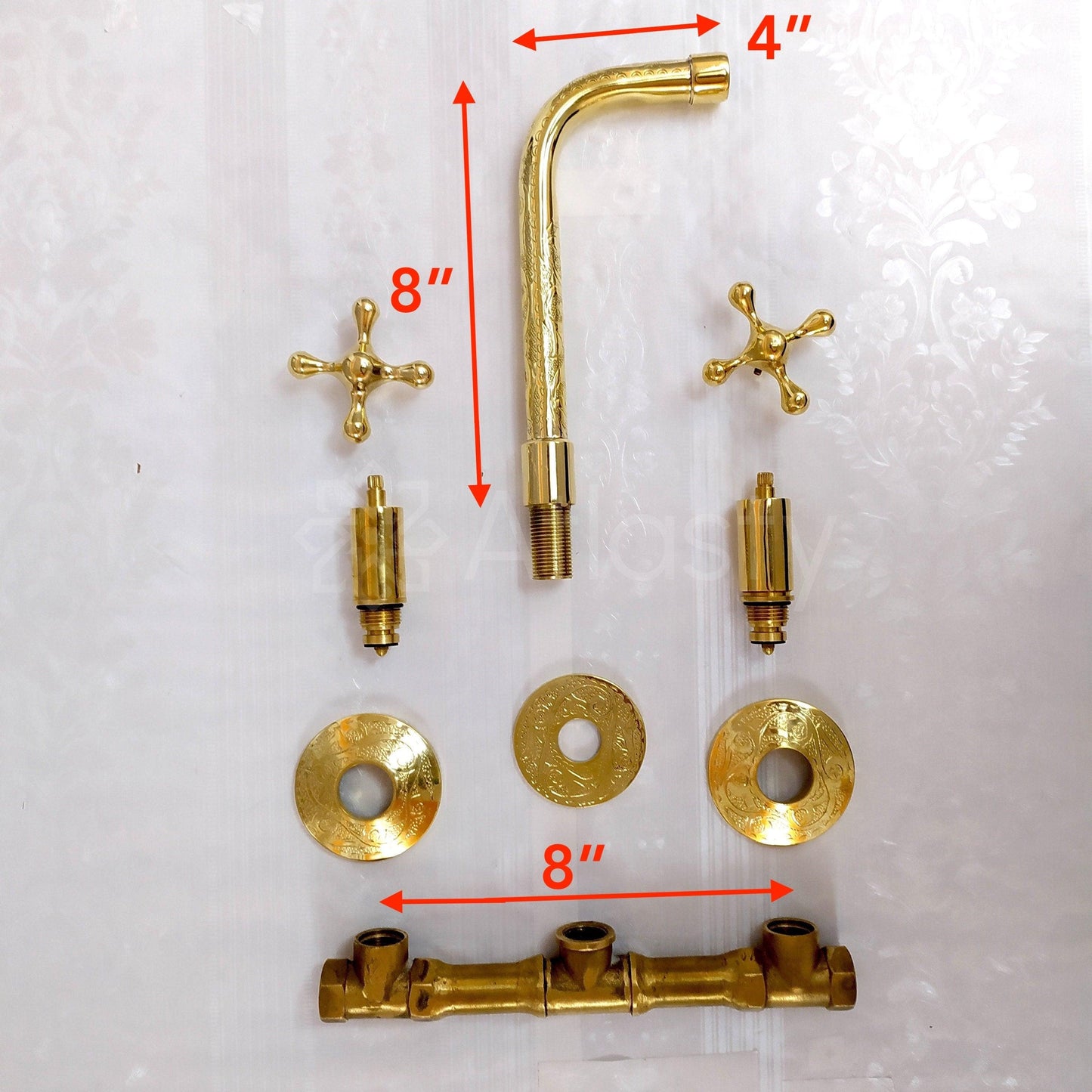 Engraved Unlacquered Brass Wall Mounted Bathroom Faucet - Vessel Sink Faucet with Cross or Lever Handles