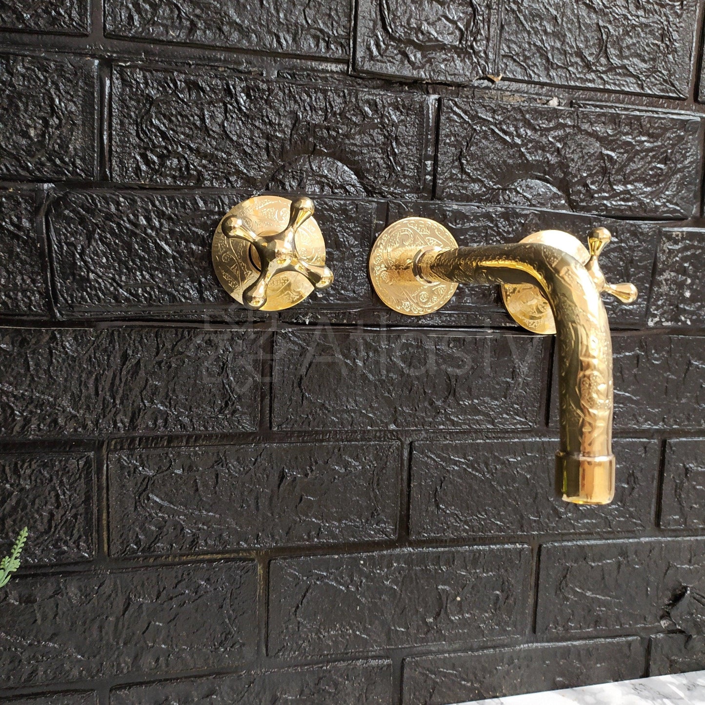 Engraved Unlacquered Brass Wall Mounted Bathroom Faucet - Vessel Sink Faucet with Cross or Lever Handles