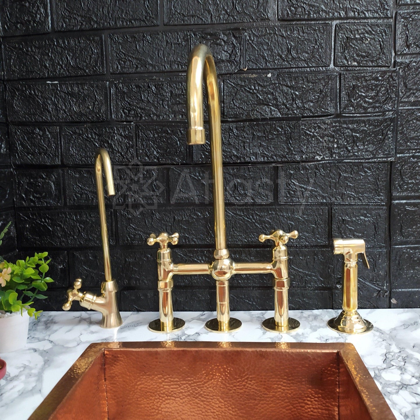 Unlacquered Brass Bridge Kitchen Faucet with Ball Center, 3 Straight Legs, And Cross Handles - 8" Spread - Ref: APC-94