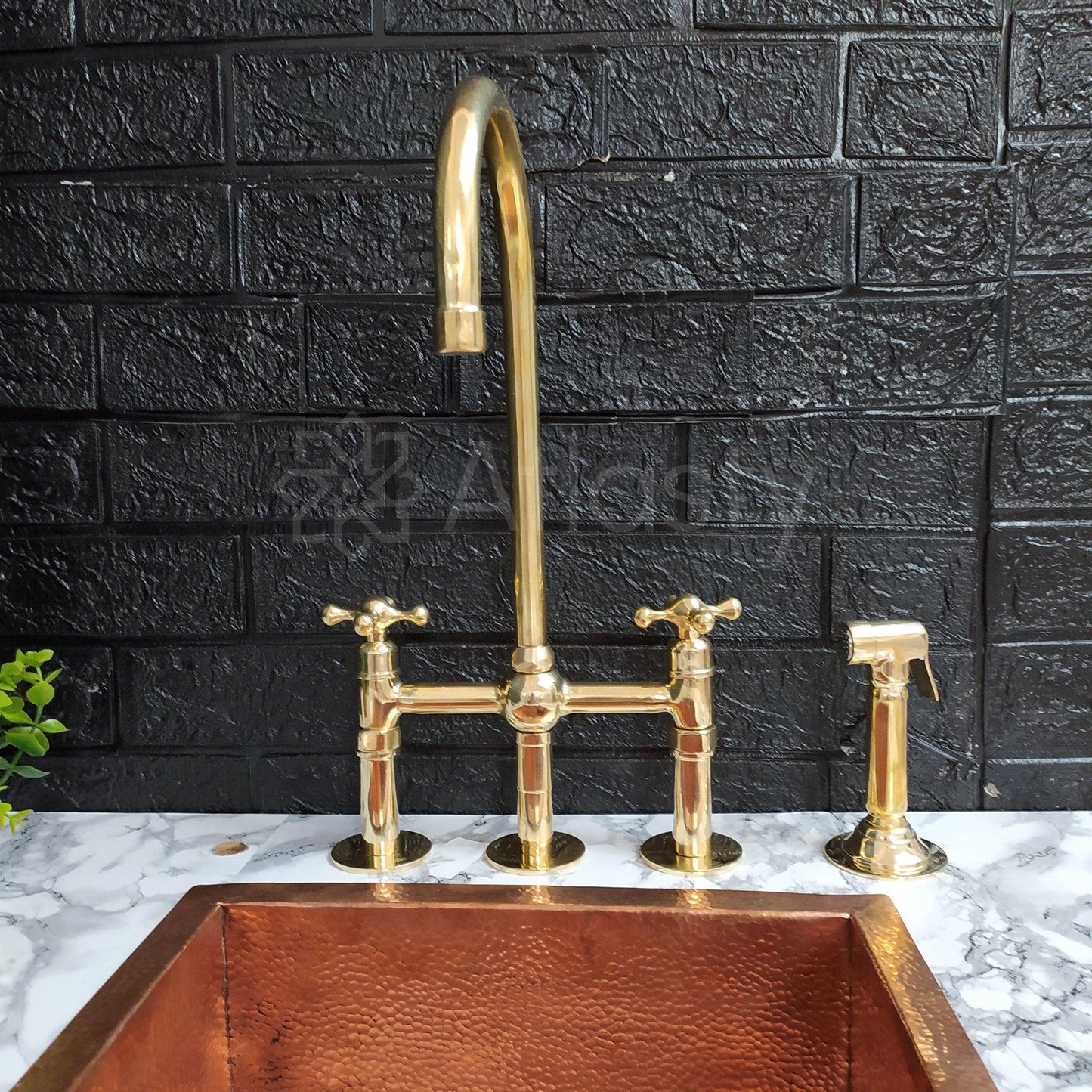 Unlacquered Brass Bridge Kitchen Faucet with Ball Center, 3 Straight Legs, And Cross Handles - 8" Spread - Ref: APC-94