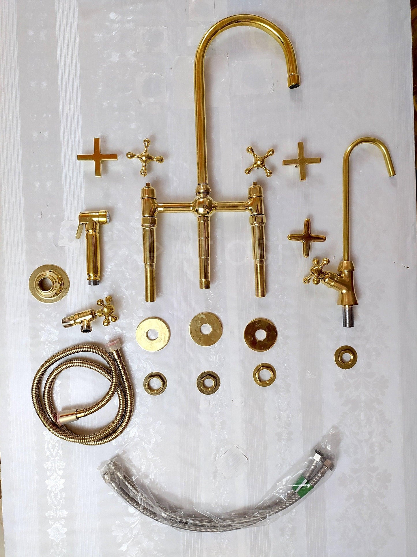 Unlacquered Brass Bridge Kitchen Faucet with Ball Center, 3 Straight Legs, And Cross Handles - 8" Spread - Ref: APC-94