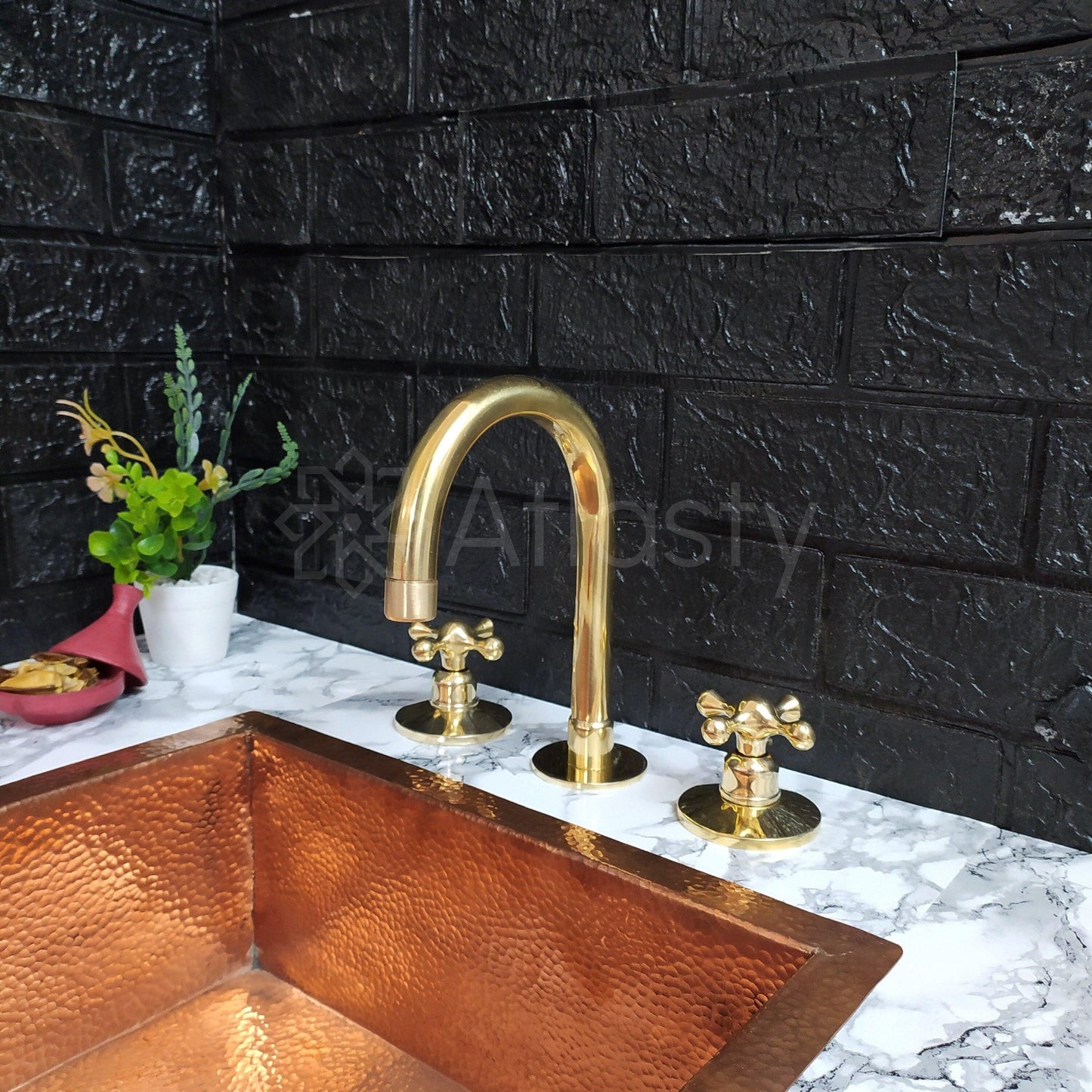 Unlacquered Brass 3 Holes Faucet, Deck Mounted Faucet With Cross Handles