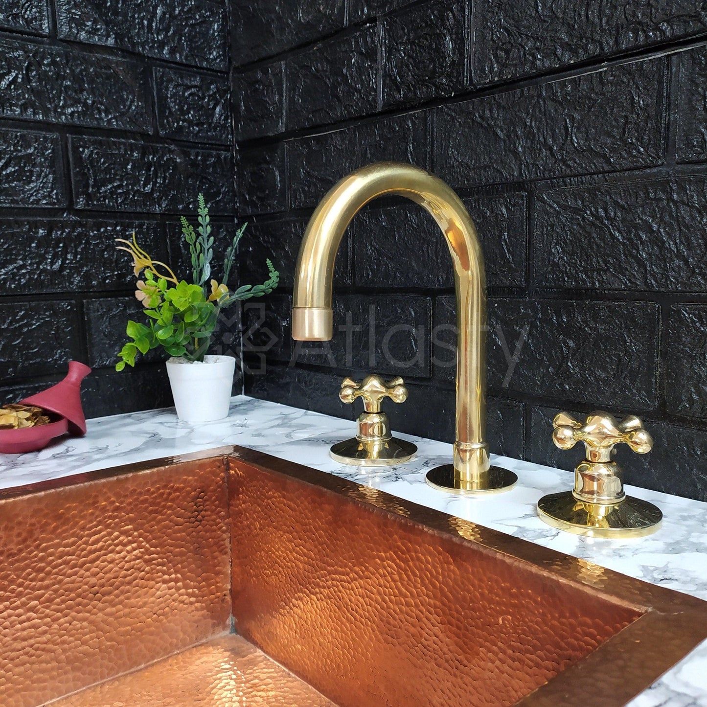 Unlacquered Brass 3 Holes Faucet, Deck Mounted Faucet With Cross Handles