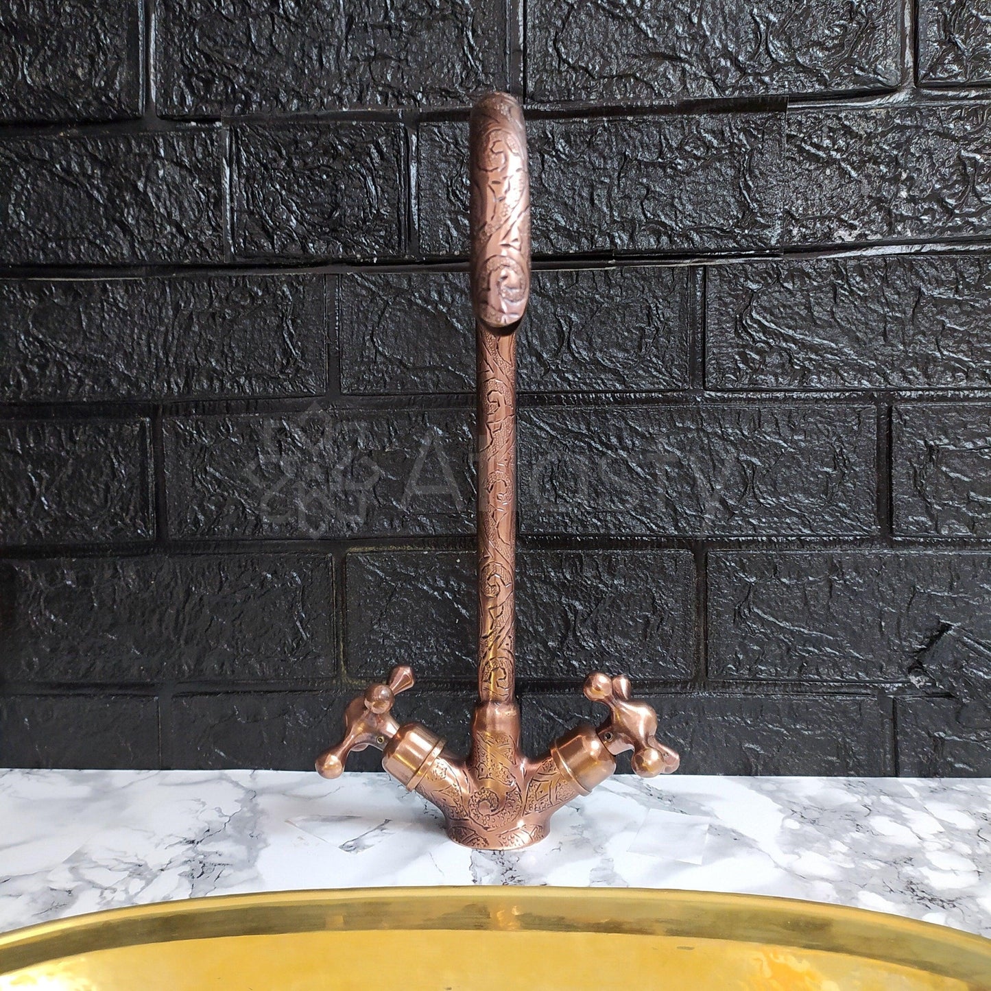 Engraved Curved Copper Bathroom Faucet with Cross Handles