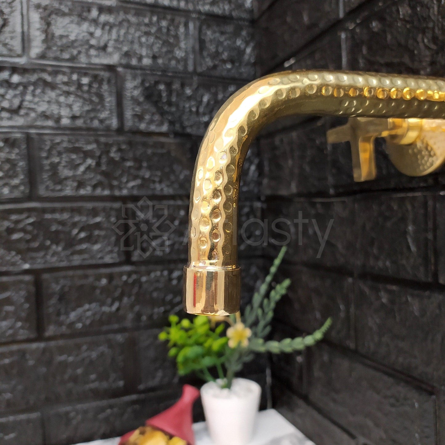 Unlacquered Brass Hammered Wall Mounted Bathroom Faucet - Vessel Sink Faucet with Cross or Lever Handles
