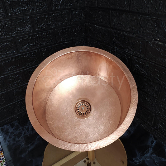 Solid Copper Hammered Sink, Round Copper Drop-in Sink