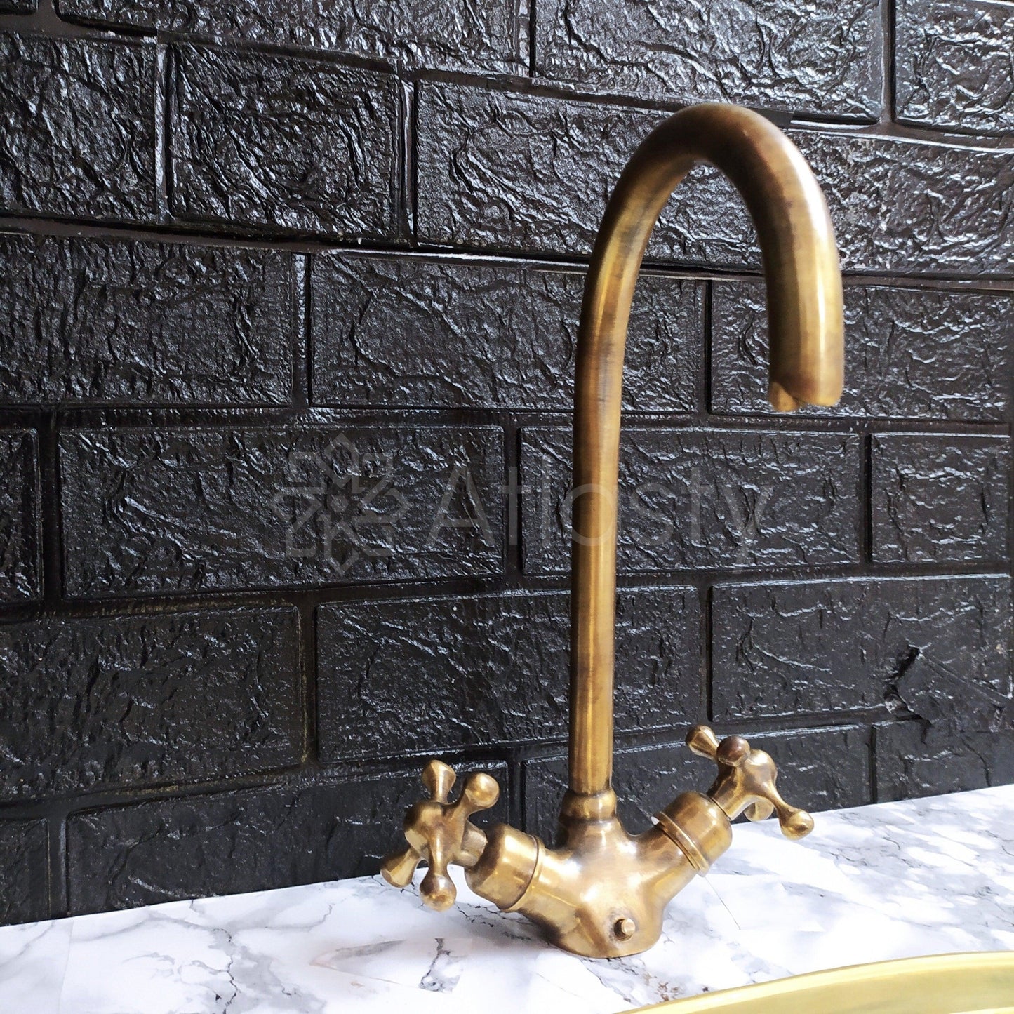 Curved Bronze Bathroom Faucet, Oil Rubbed Bronze, Cross Handles