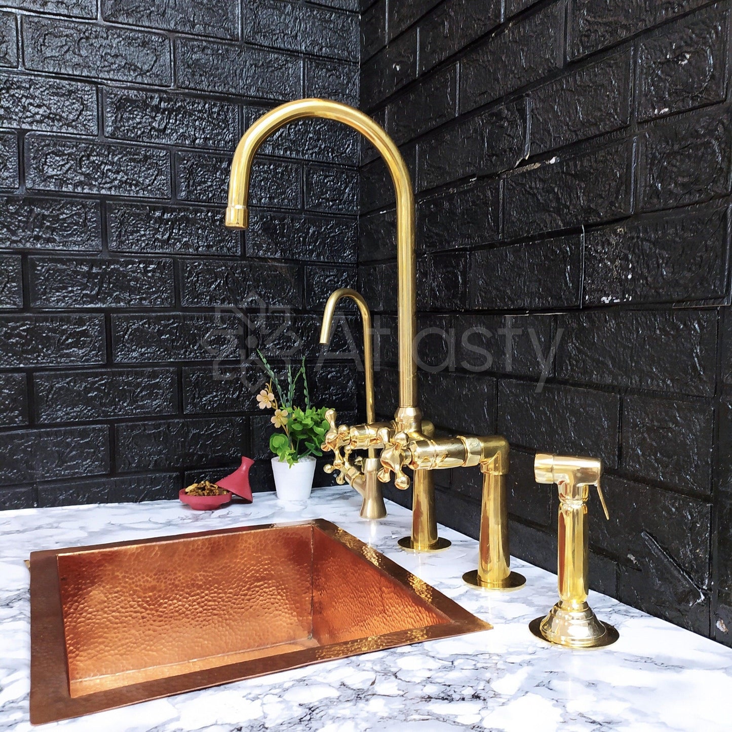 Unlacquered Brass Bridge Kitchen Faucet with Sprayer, Cold Water Tap, and Cross Handles - Ref: APC-95