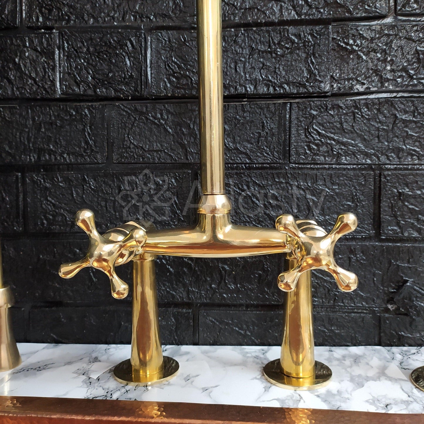 Unlacquered Brass Bridge Kitchen Faucet with Sprayer, Cold Water Tap, and Cross Handles - Ref: APC-95