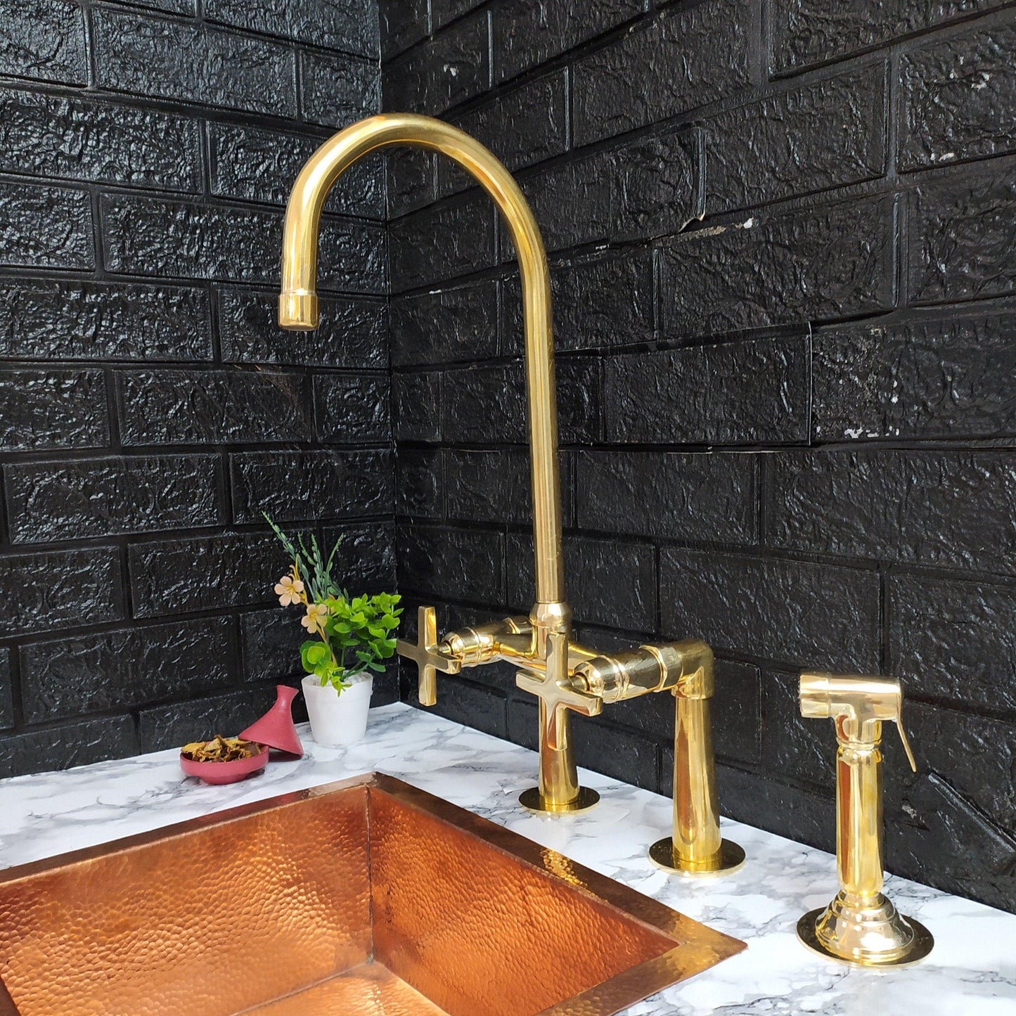 Unlacquered Brass Bridge Kitchen Faucet with Sprayer, Cold Water Tap, and Cross Handles - Ref: APC-95