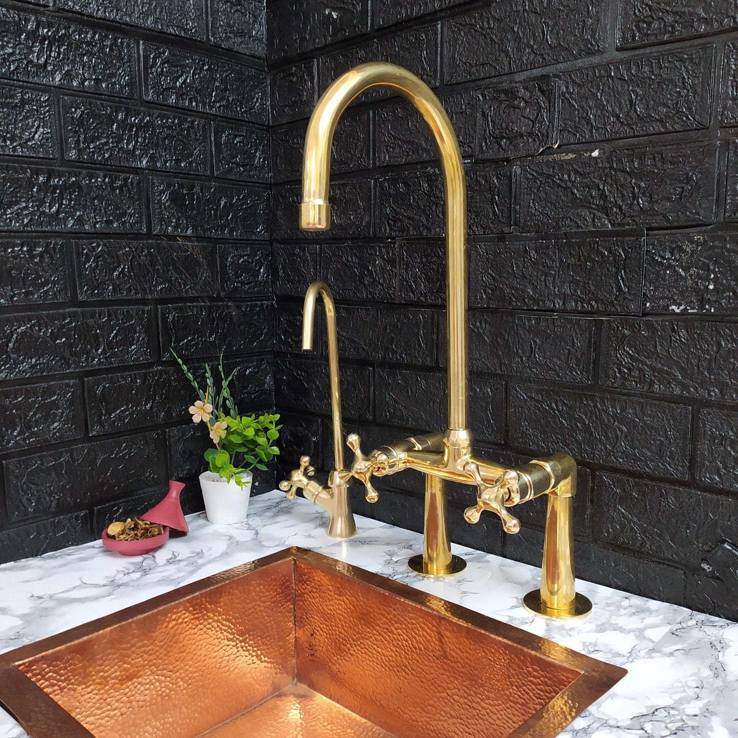 Unlacquered Brass Bridge Kitchen Faucet with Sprayer, Cold Water Tap, and Cross Handles - Ref: APC-95