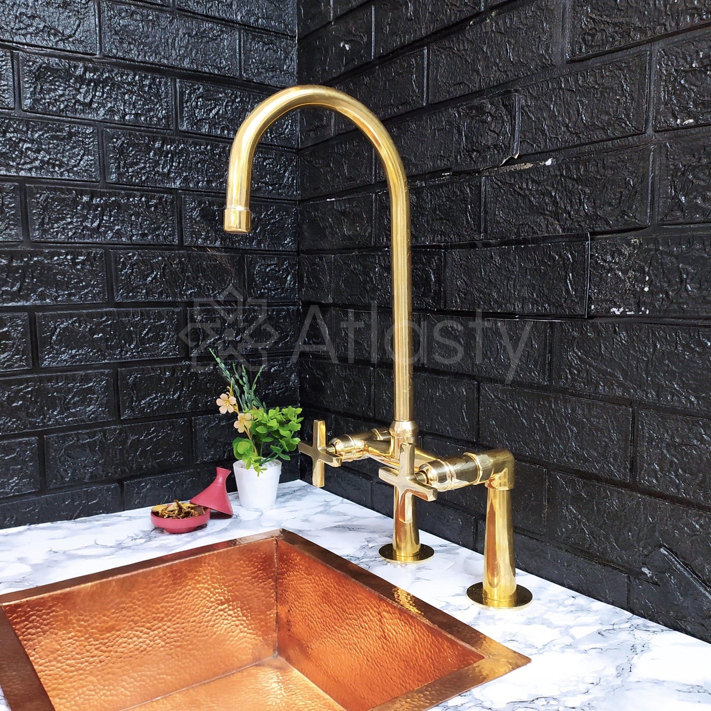 Unlacquered Brass Bridge Kitchen Faucet with Sprayer, Cold Water Tap, and Cross Handles - Ref: APC-95