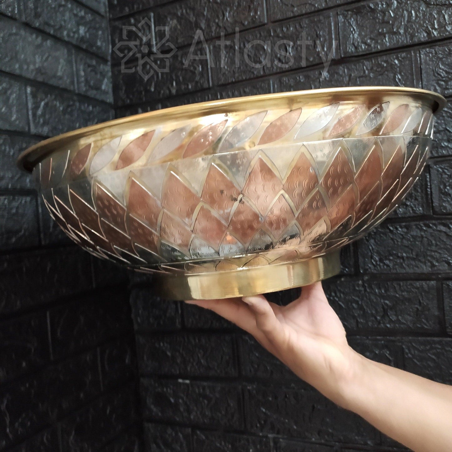 Engraved Round Brass Sink, Vintage Engraved Vessel Sink for Bathrooms