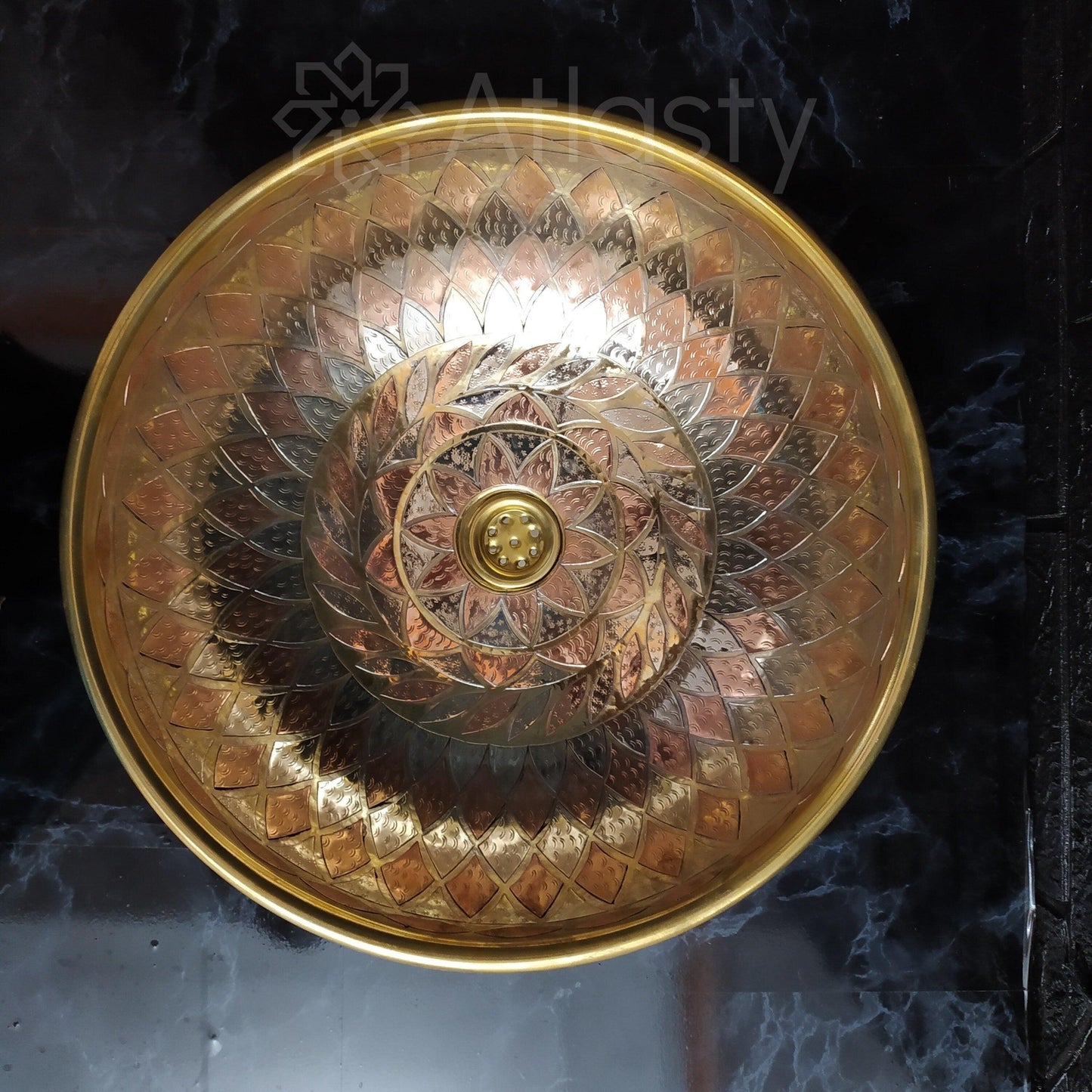 Engraved Round Brass Sink, Vintage Engraved Vessel Sink for Bathrooms