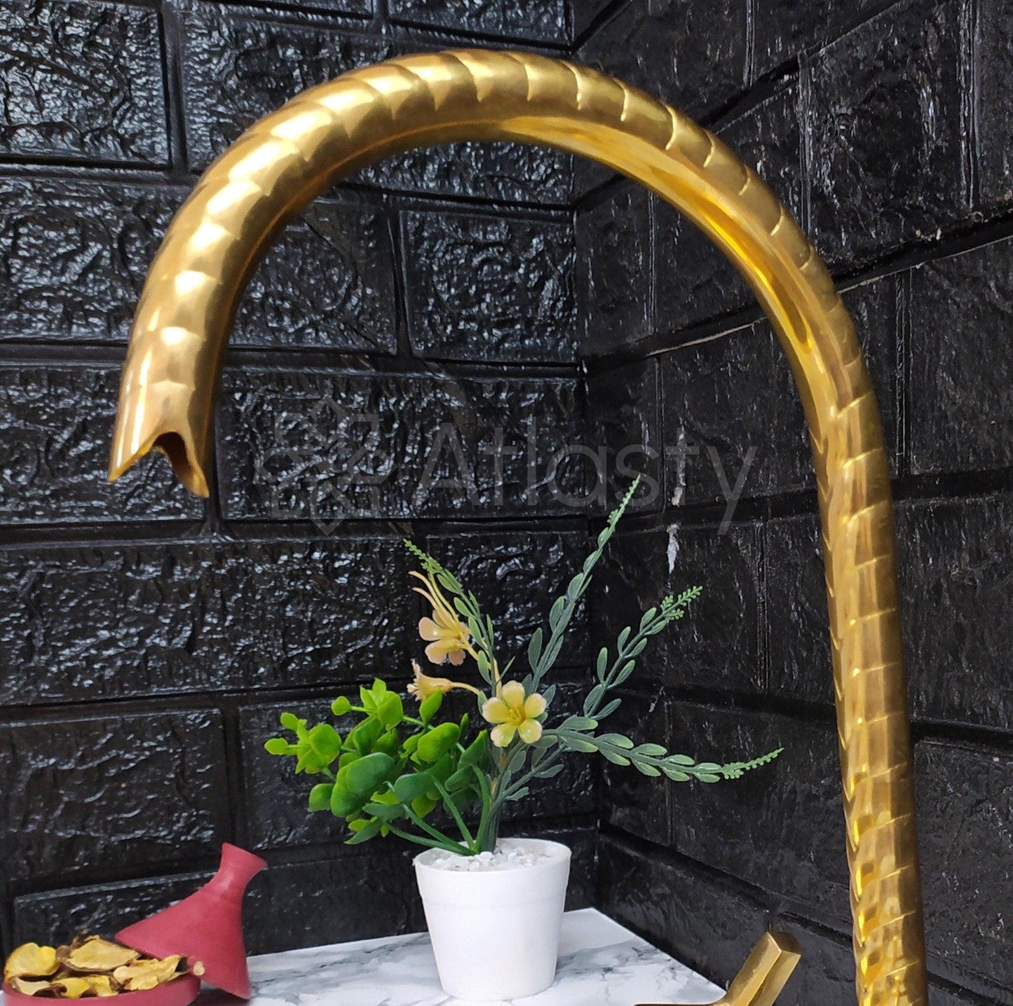 Engraved Curved Brass Bathroom Faucet with Simple Cross Handles, Uncoated Brass Faucet