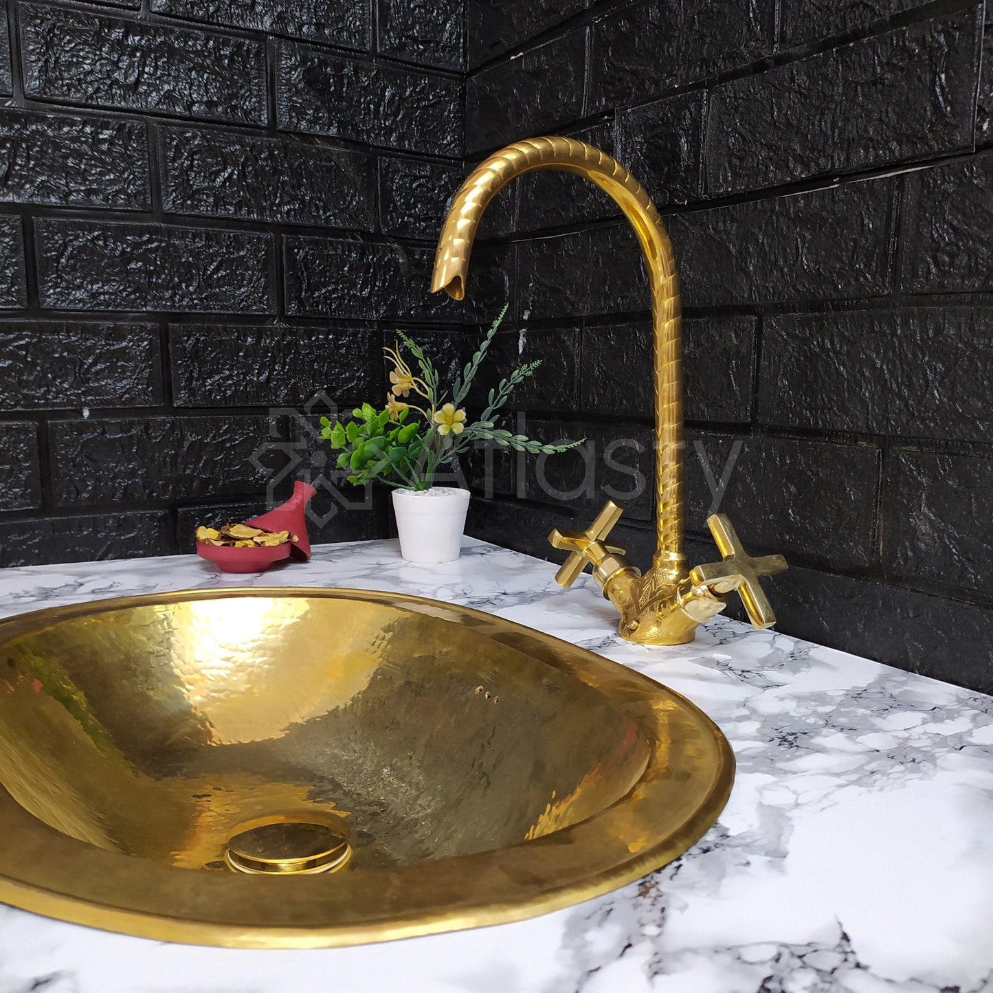 Engraved Curved Brass Bathroom Faucet with Simple Cross Handles, Uncoated Brass Faucet