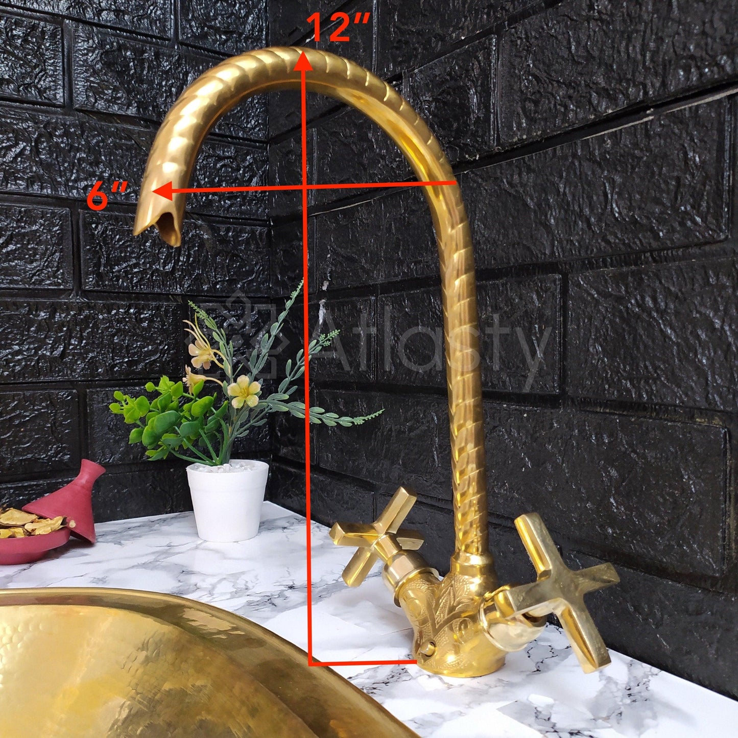 Engraved Curved Brass Bathroom Faucet with Simple Cross Handles, Uncoated Brass Faucet