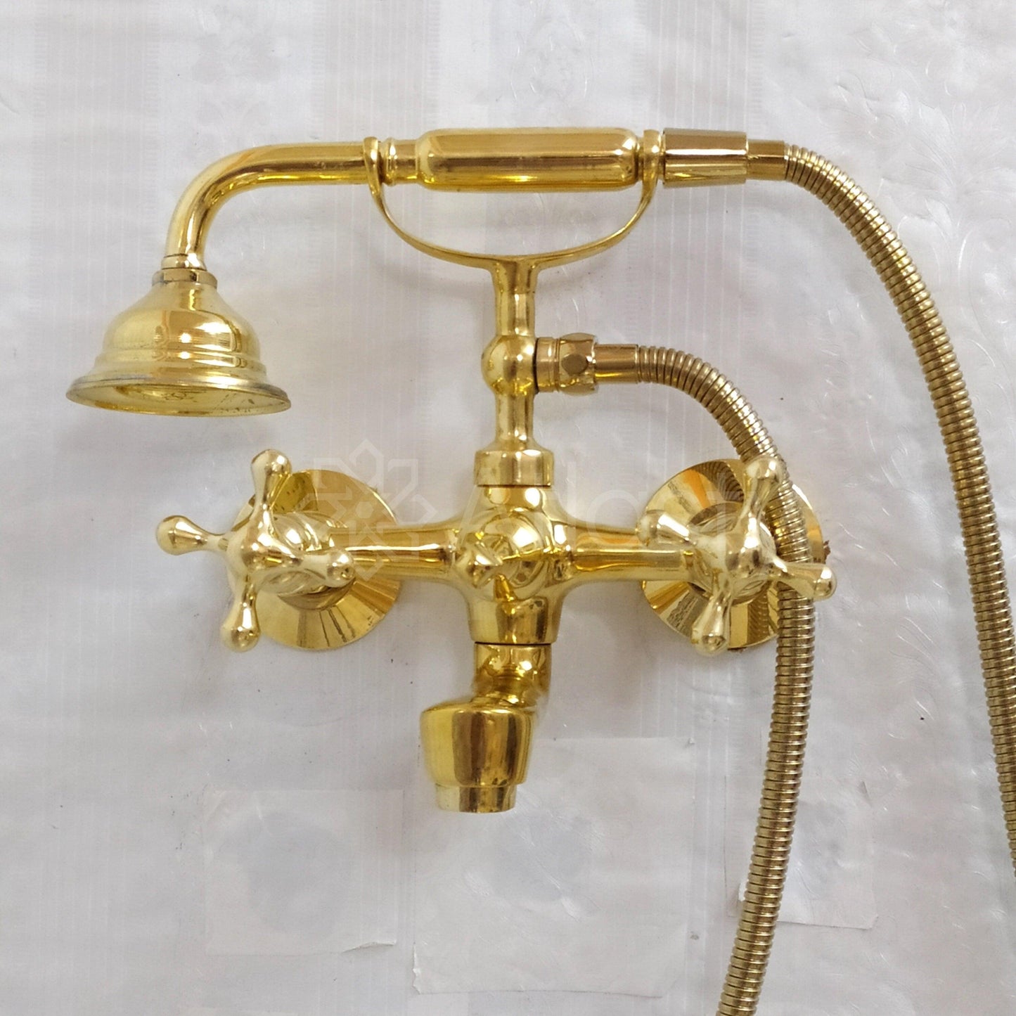 Unlacquered Brass Wall Mount Tub Filler, Telephone Bathtub Faucet, Handheld Shower