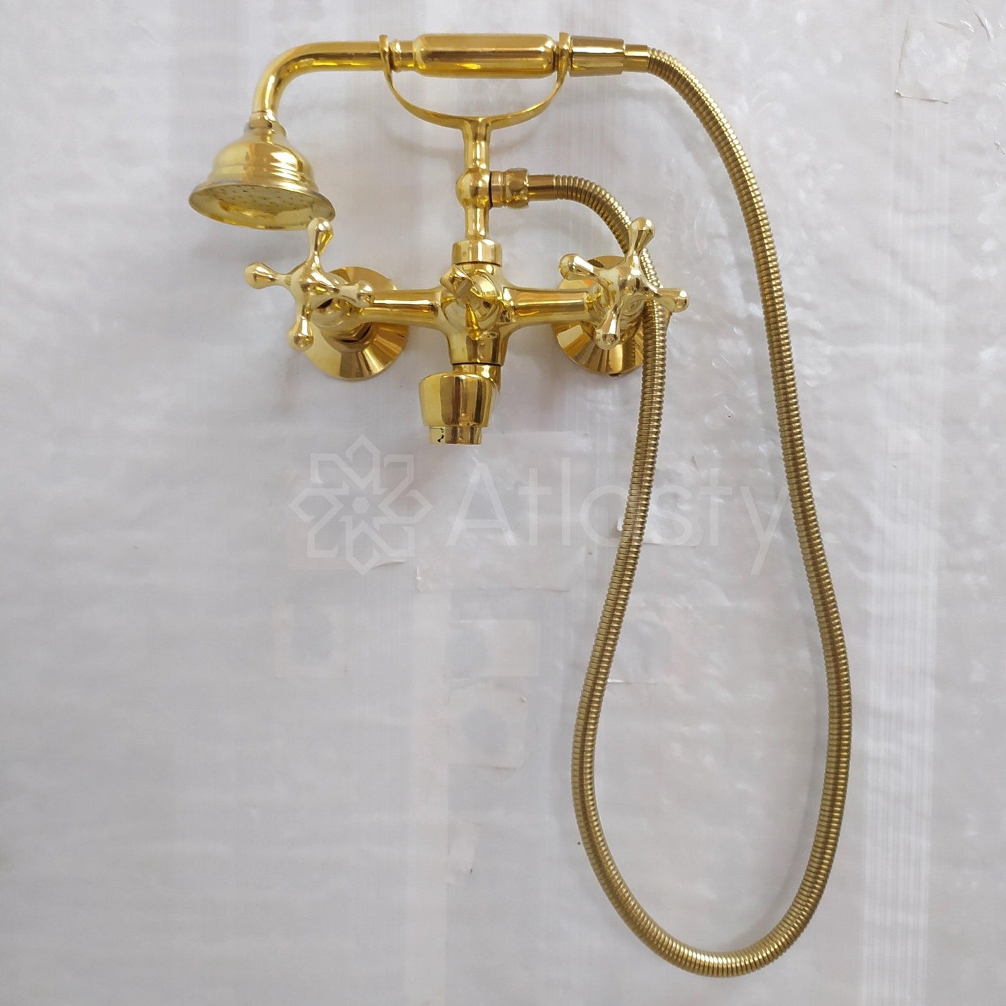Unlacquered Brass Wall Mount Tub Filler, Telephone Bathtub Faucet, Handheld Shower