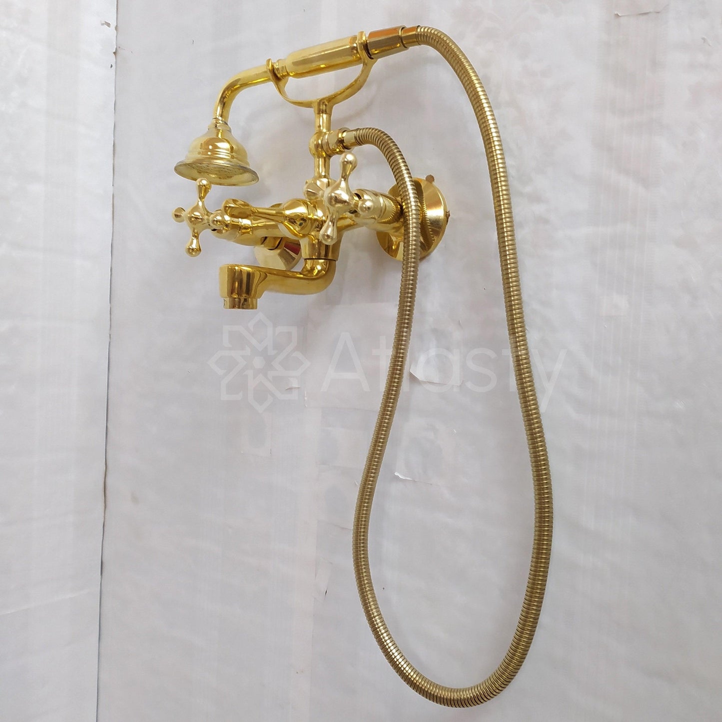 Unlacquered Brass Wall Mount Tub Filler, Telephone Bathtub Faucet, Handheld Shower