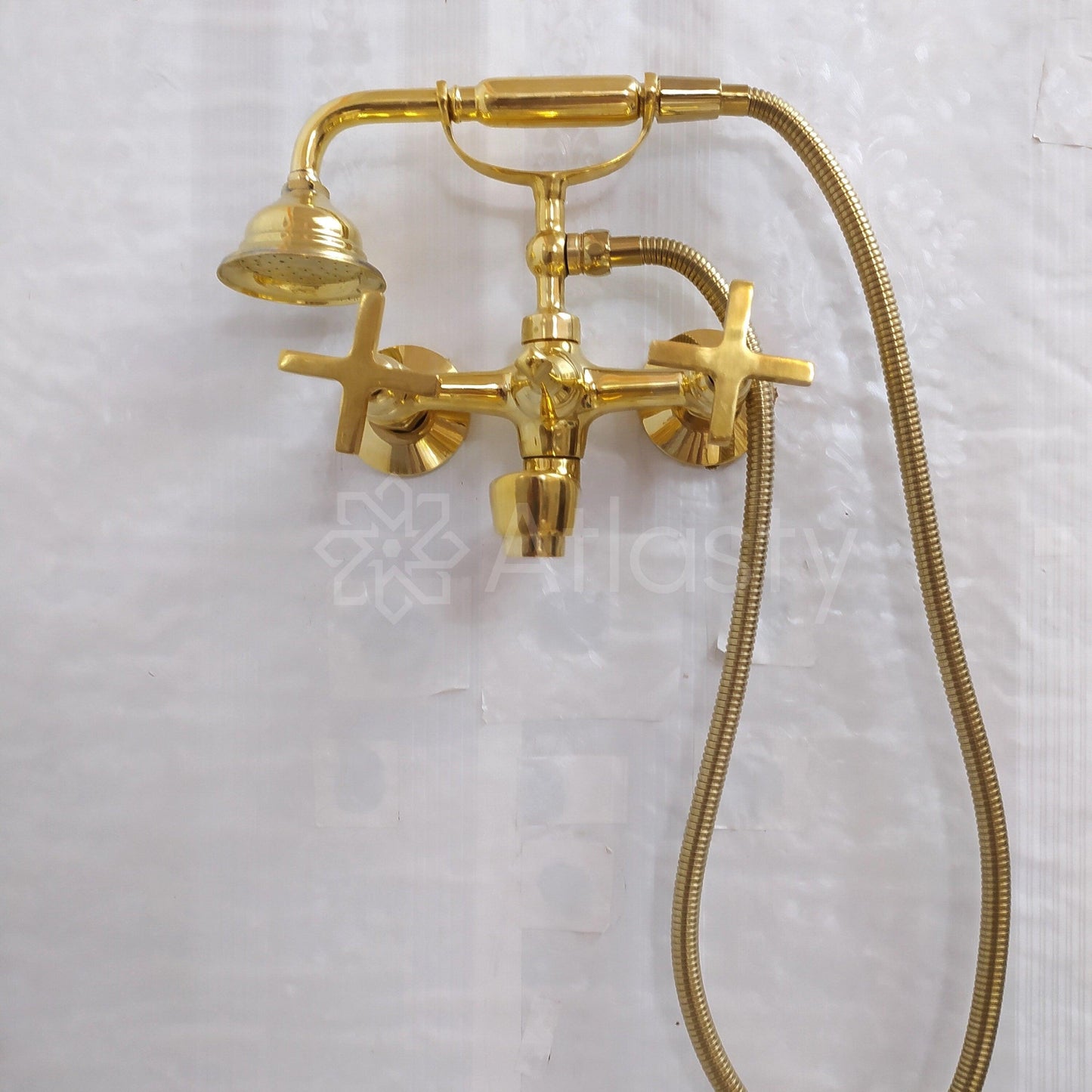 Unlacquered Brass Wall Mount Tub Filler, Telephone Bathtub Faucet, Handheld Shower