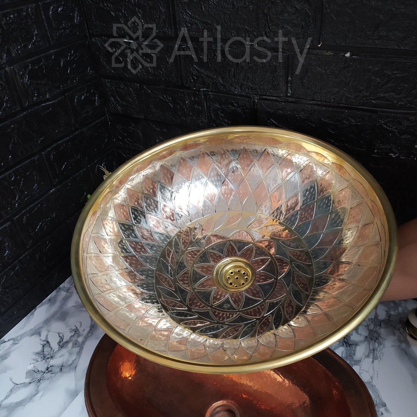 Engraved Round Brass Sink, Vintage Engraved Vessel Sink for Bathrooms