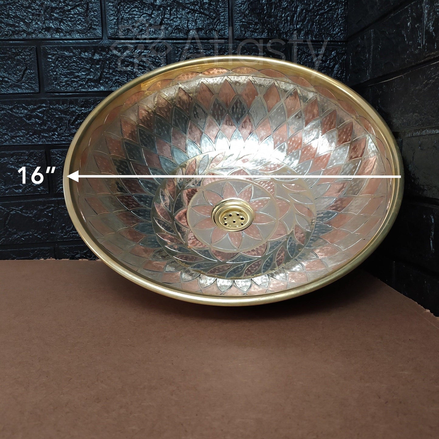 Engraved Round Brass Sink, Vintage Engraved Vessel Sink for Bathrooms