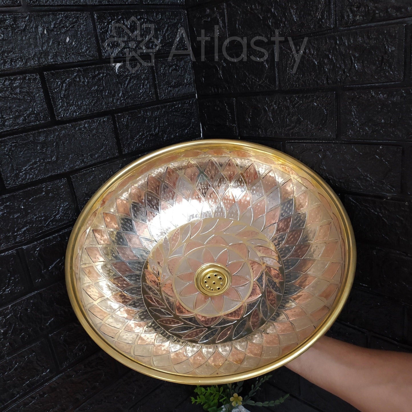 Engraved Round Brass Sink, Vintage Engraved Vessel Sink for Bathrooms