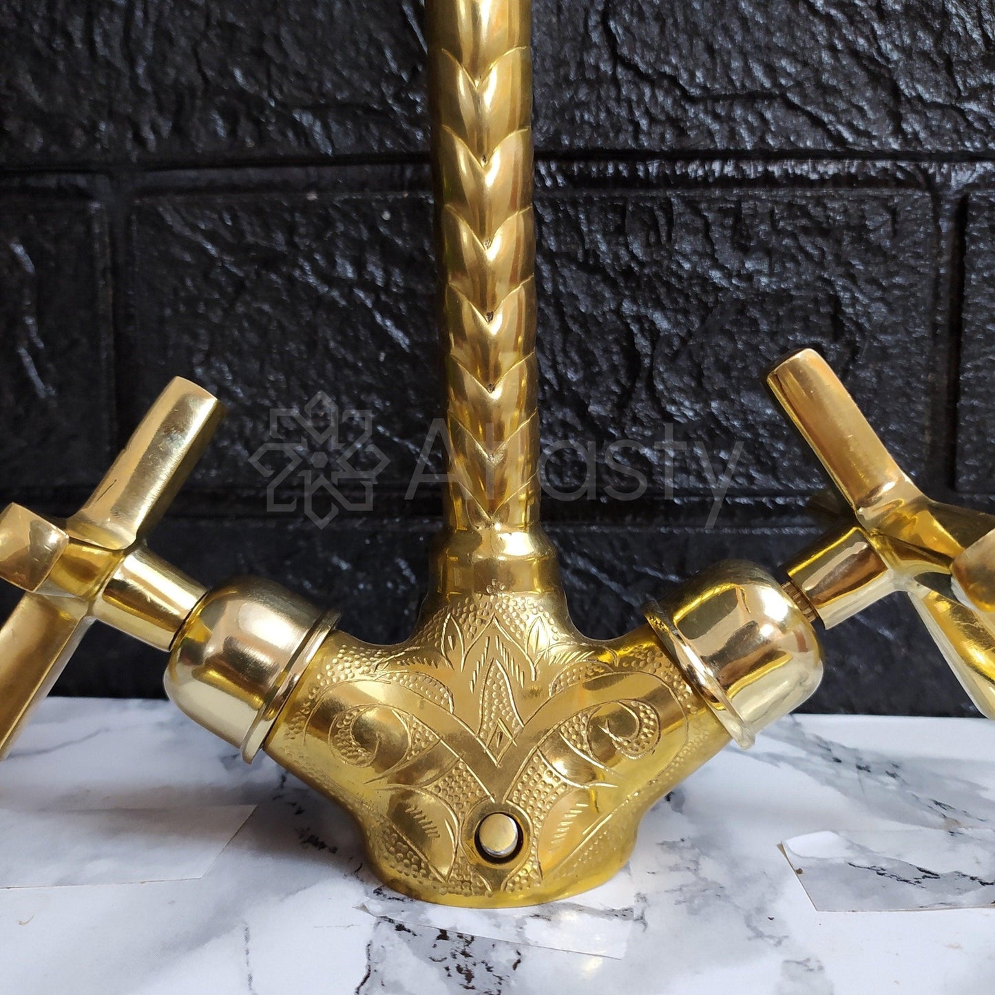 Engraved Curved Brass Bathroom Faucet with Simple Cross Handles, Uncoated Brass Faucet