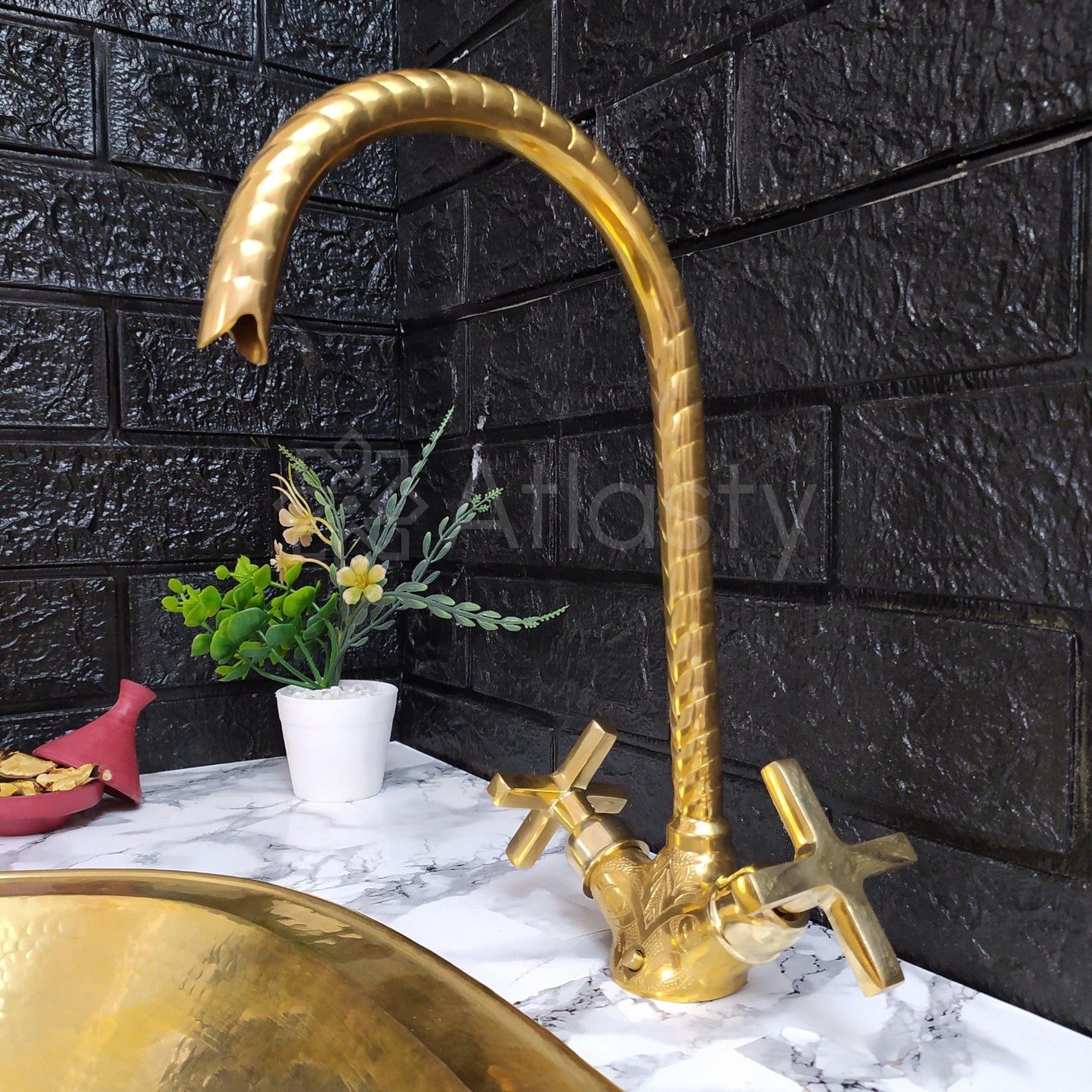 Engraved Curved Brass Bathroom Faucet with Simple Cross Handles, Uncoated Brass Faucet
