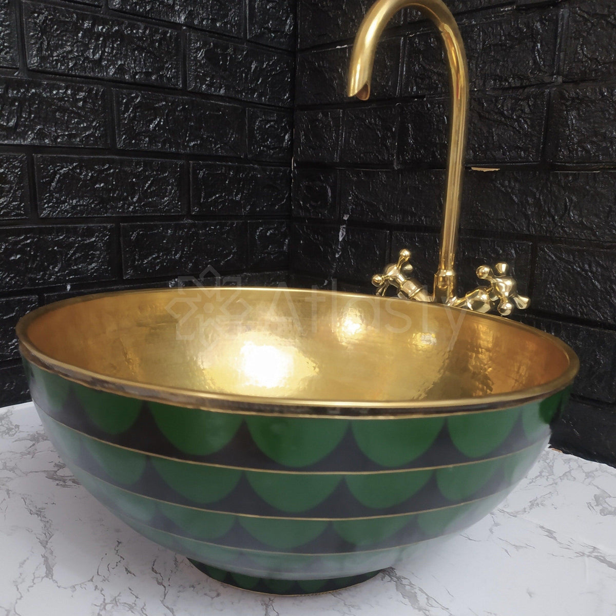 Bathroom Sink created from Brass and Resin, Black and Green Pattern, Vanity Vessel Sink