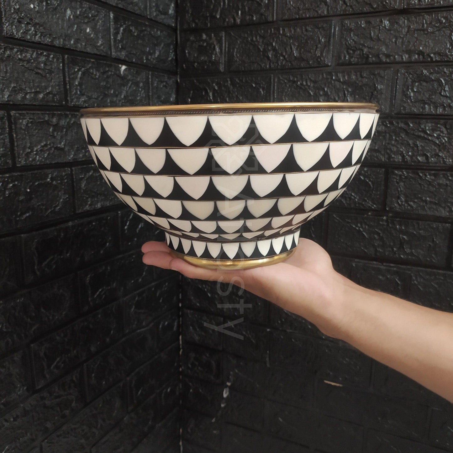 Bathroom Sink created from Brass and Resin, Black and White Pattern, Vanity Vessel Sink