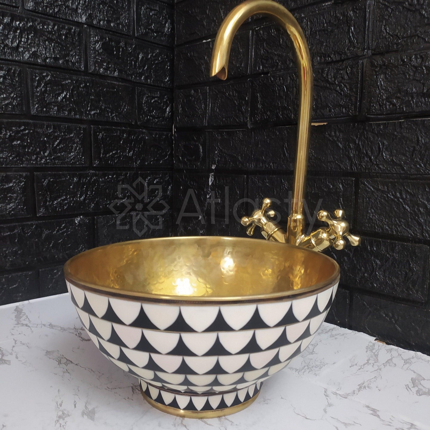 Bathroom Sink created from Brass and Resin, Black and White Pattern, Vanity Vessel Sink