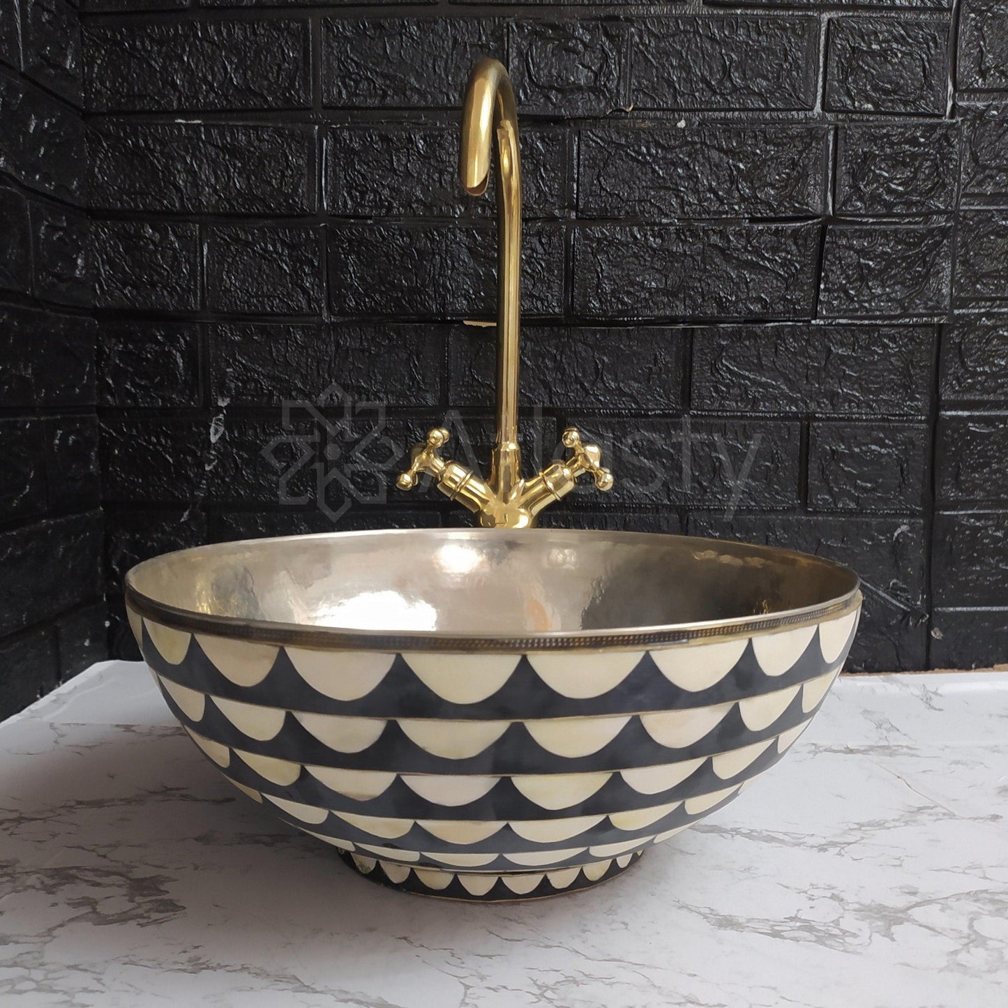 Brass Bathroom Sink | Brass Resin Vanity Vessel Sink | Black and White Bowl Sink | Bathroom Vanities | Antique | Bathroom Decoration