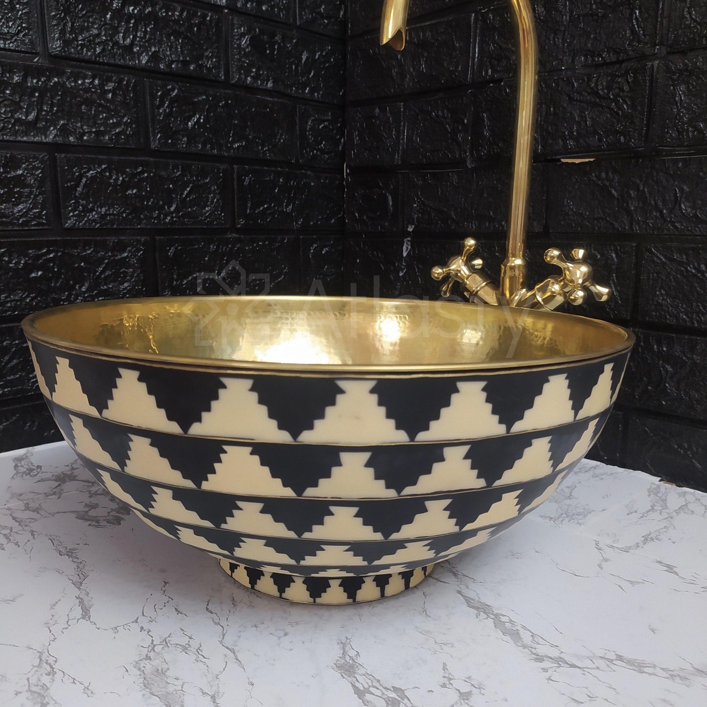 Brass Bathroom Sink | Brass Resin Vanity Vessel Sink | Black and White Bowl Sink | Bathroom Vanities | Antique | Bathroom Decoration