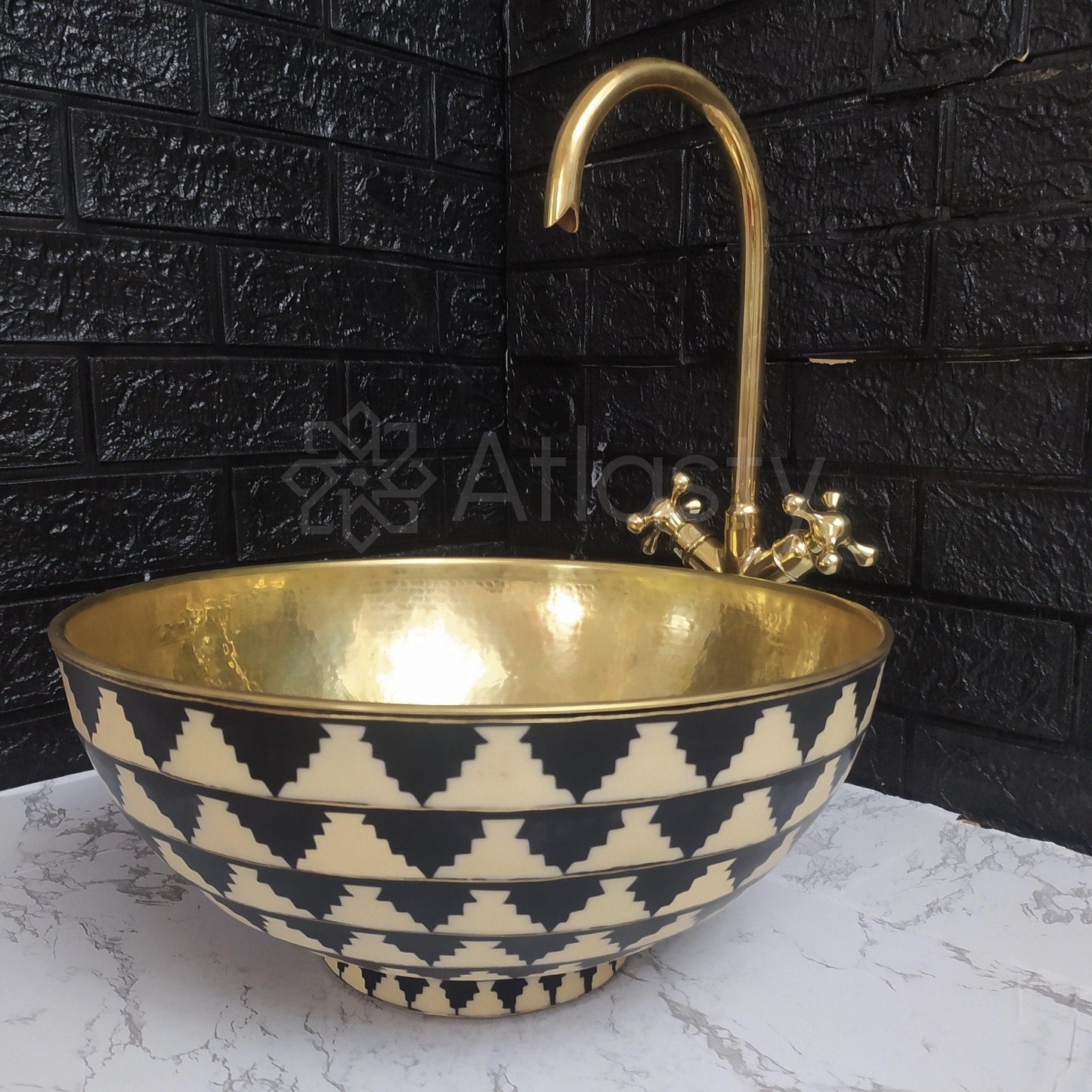 Brass Bathroom Sink | Brass Resin Vanity Vessel Sink | Black and White Bowl Sink | Bathroom Vanities | Antique | Bathroom Decoration