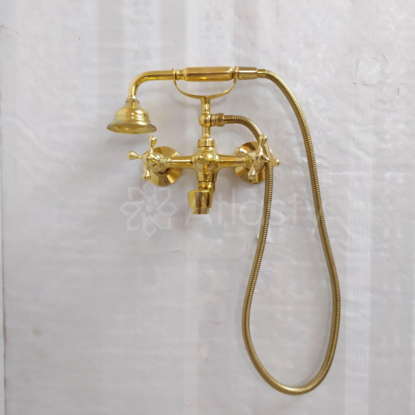 Unlacquered Brass Wall Mount Tub Filler, Telephone Bathtub Faucet, Handheld Shower