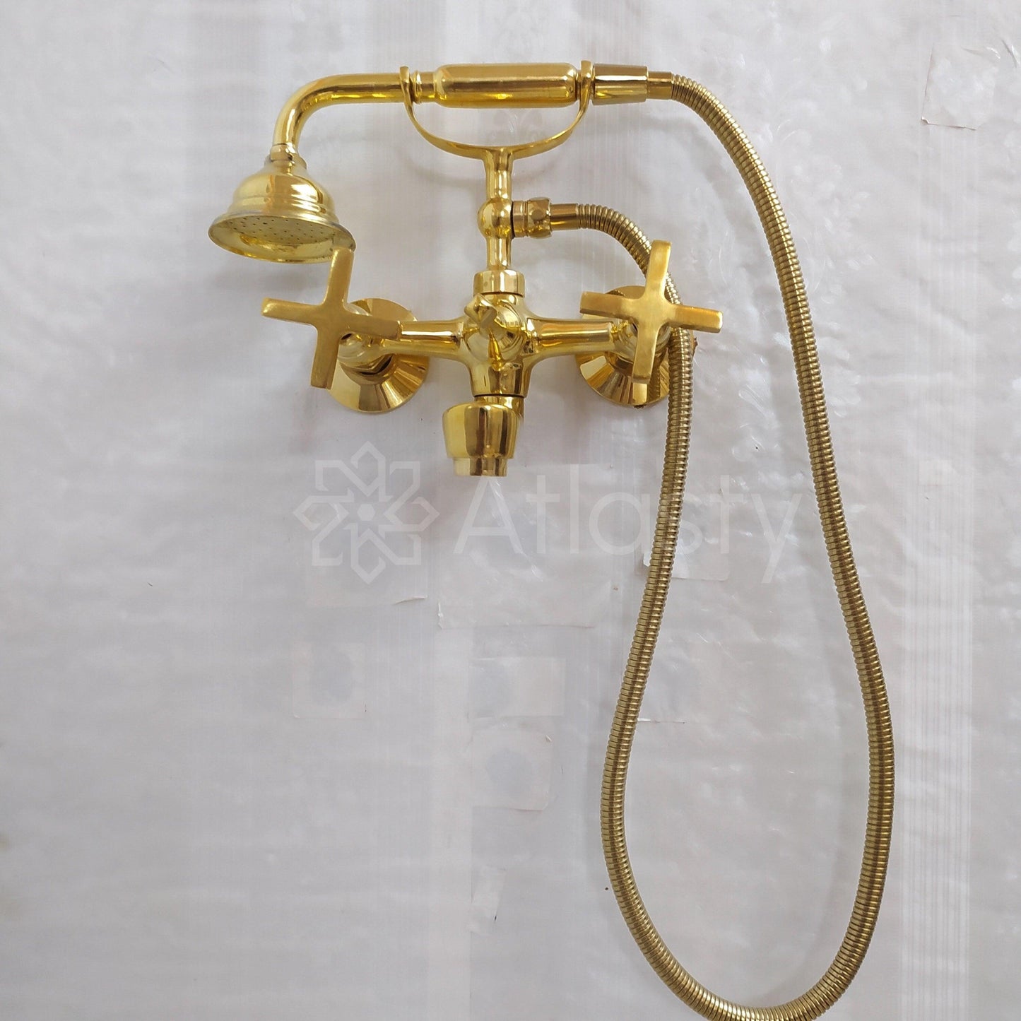 Unlacquered Brass Wall Mount Tub Filler, Telephone Bathtub Faucet, Handheld Shower