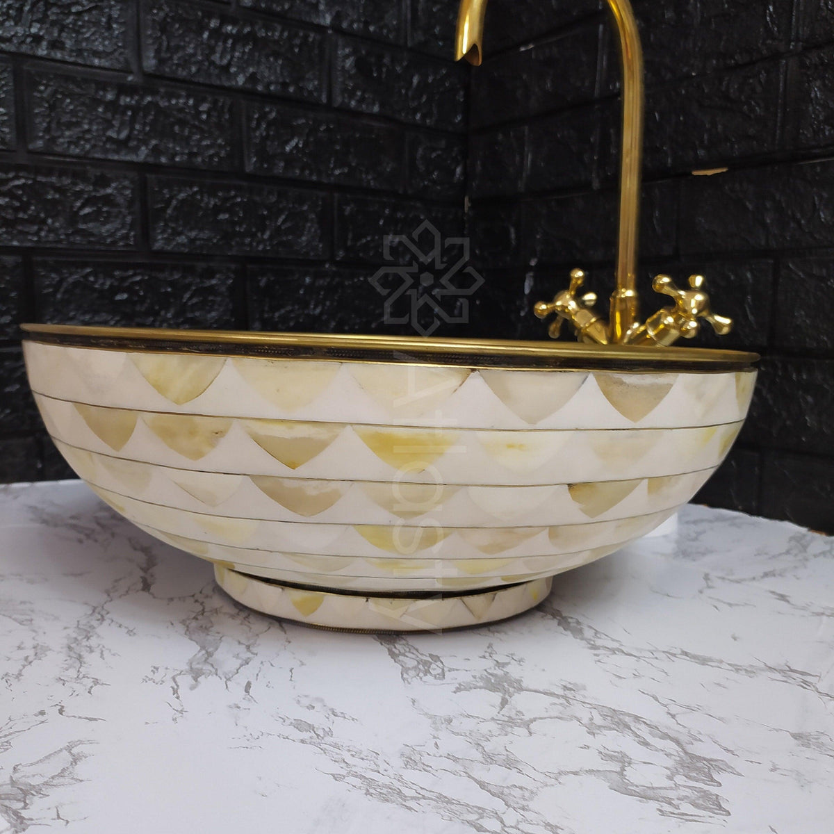 Bathroom Sink created from Brass and Resin, White Pattern, Vanity Vessel Sink