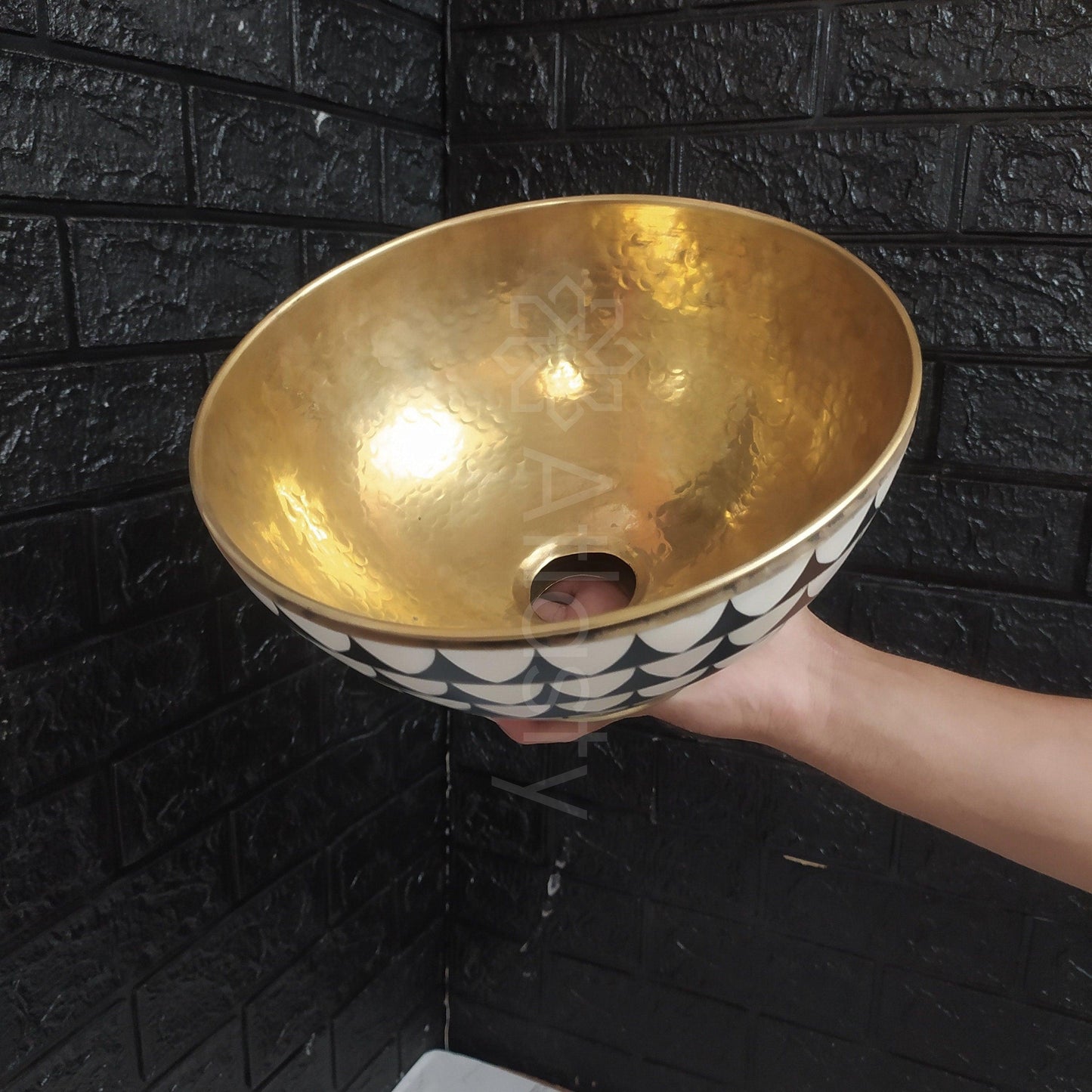 Bathroom Sink created from Brass and Resin, Black and White Pattern, Vanity Vessel Sink
