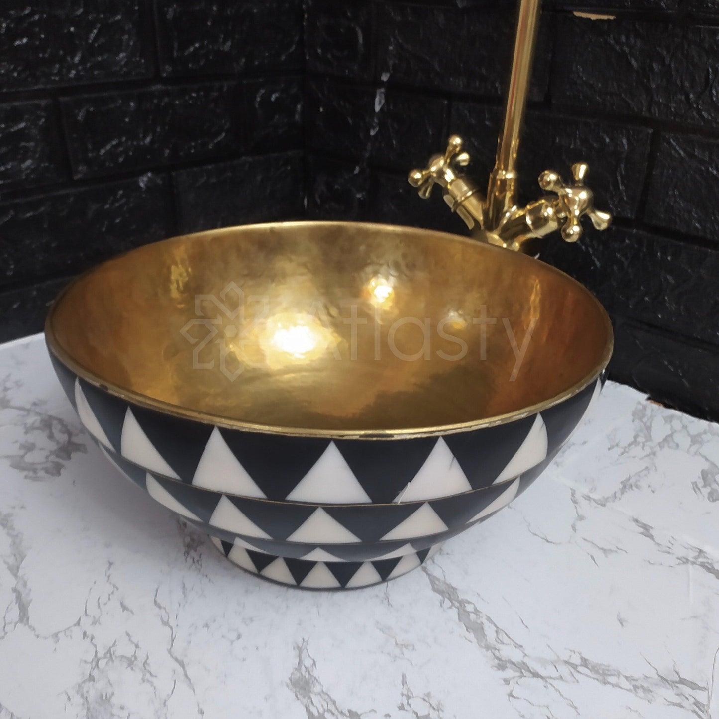Bathroom Sink created from Brass and Resin, Black and White Pattern, Vanity Vessel Sink