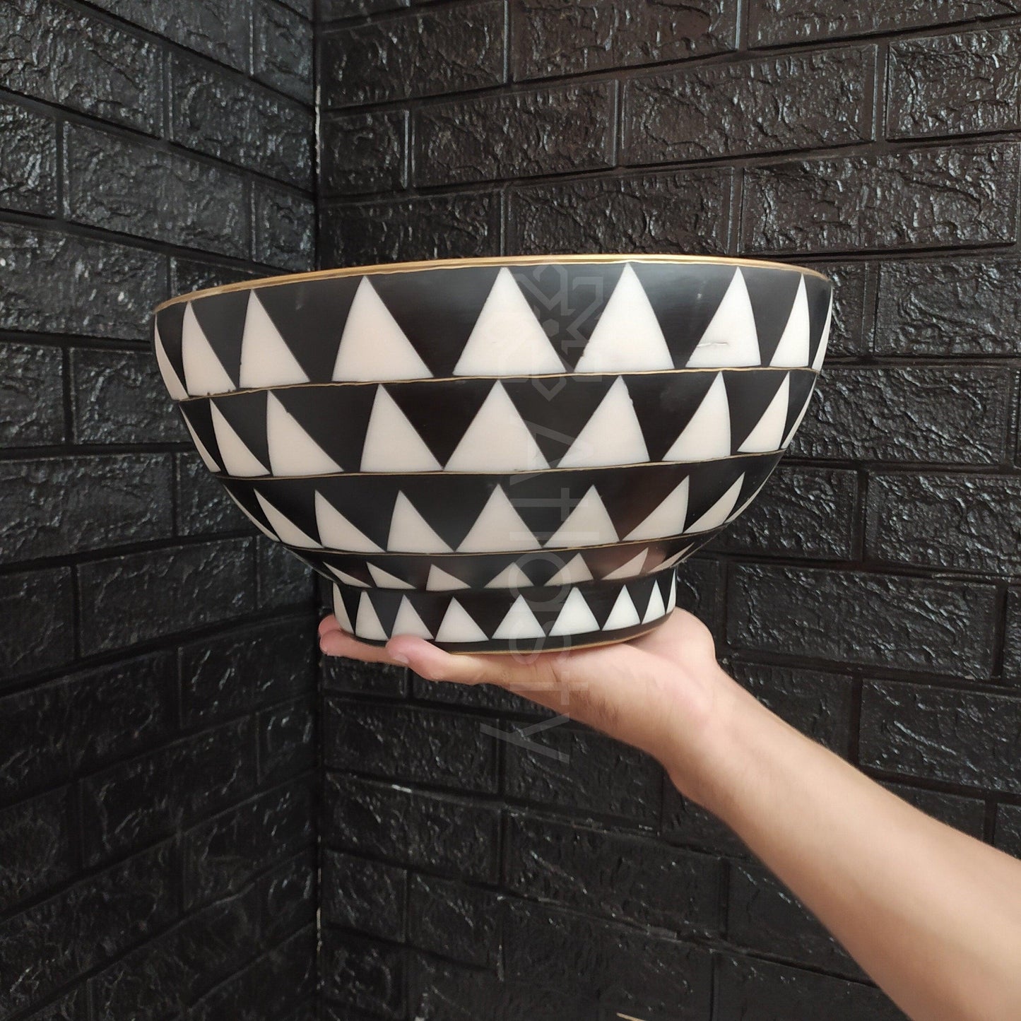 Bathroom Sink created from Brass and Resin, Black and White Pattern, Vanity Vessel Sink