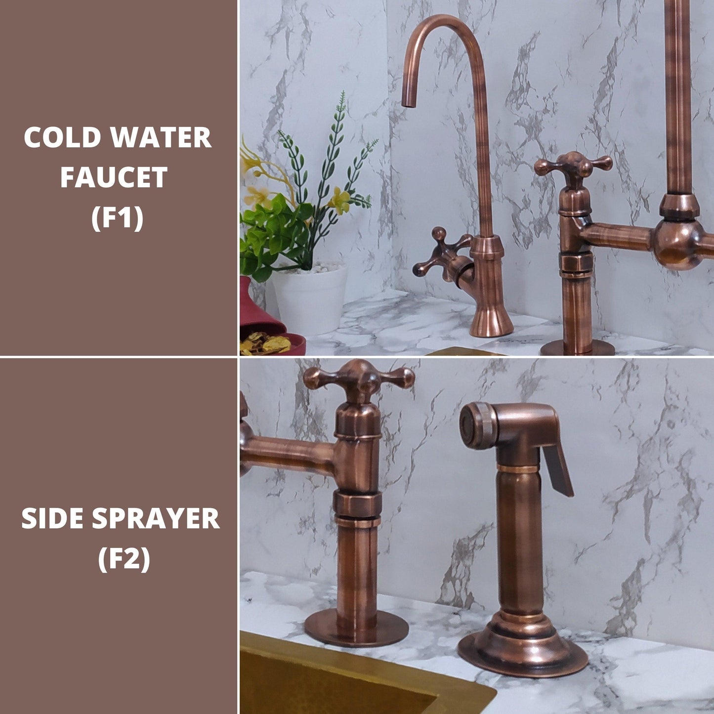 Copper Bridge Faucet | Shiny Copper Tap with Cross Handle | Copper Sprayer & Filtered Water Tap | Copper Antique Faucet | Kitchen Faucet